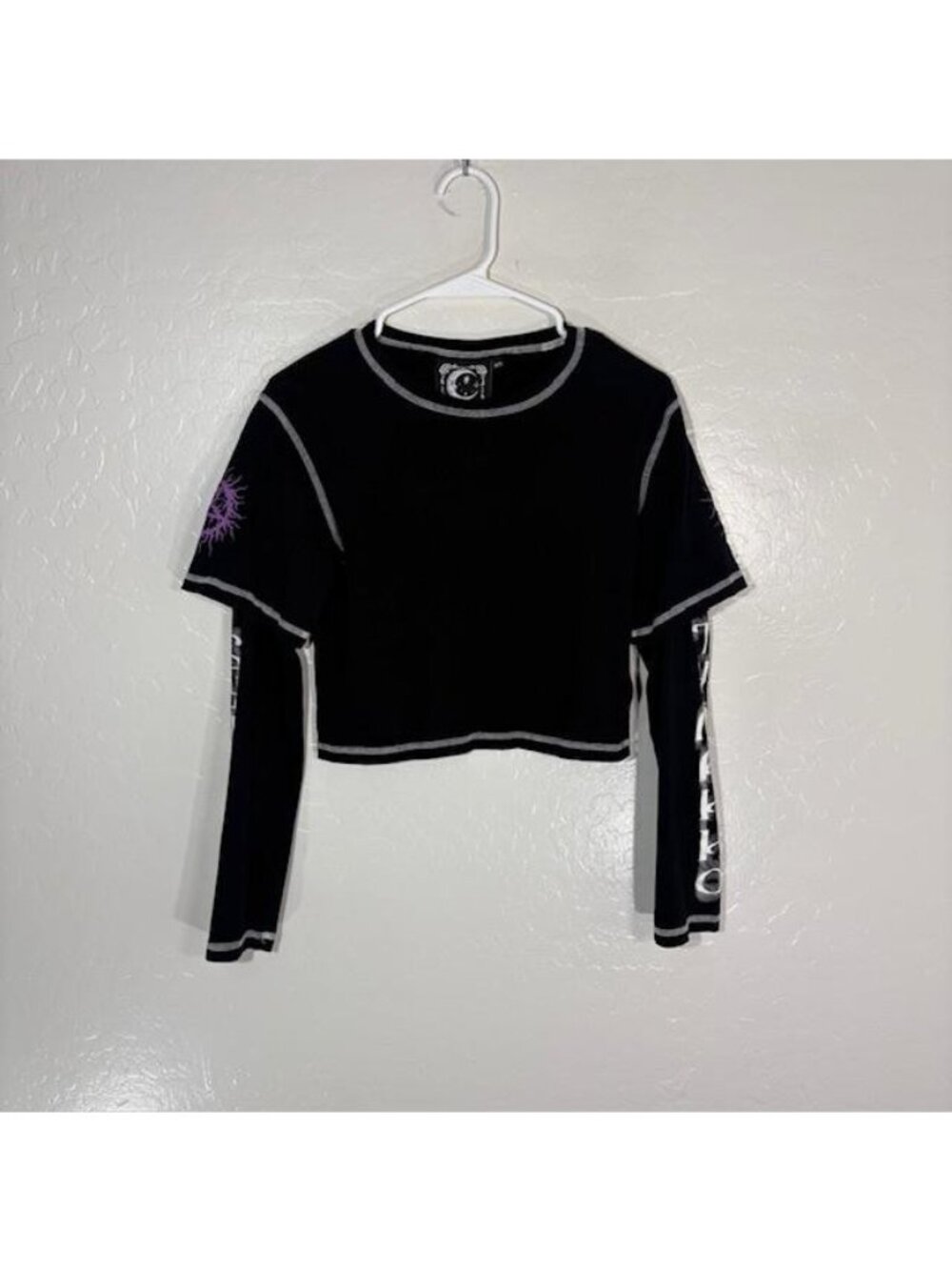 Killstar Shirt Womens XS Black Cropped Long Sleeve Gothic Layered Graphic Top
